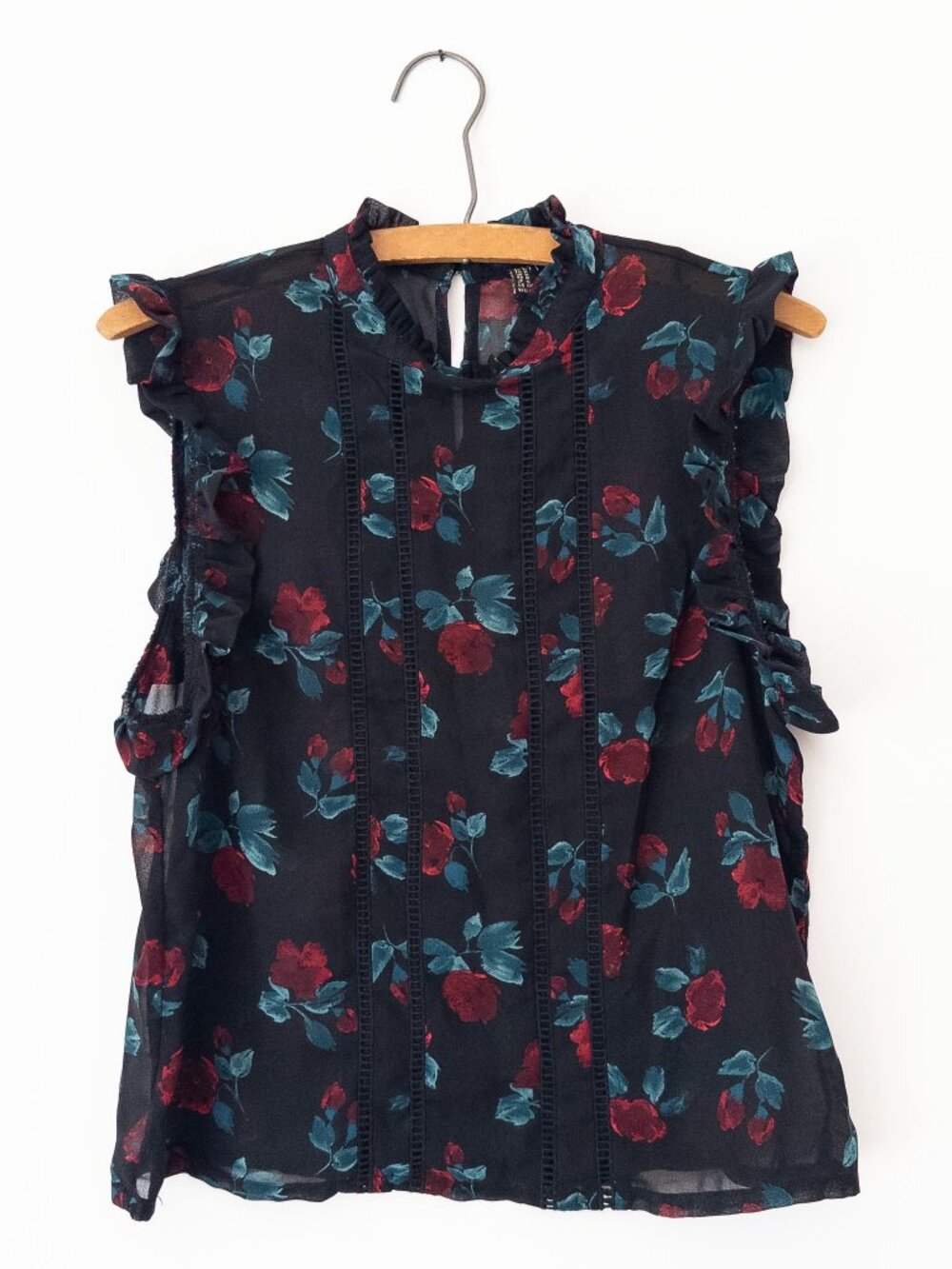 Dark Floral Romantic Sheer Ruffle Victorian-Inspired Whimsigoth Top Size Medium